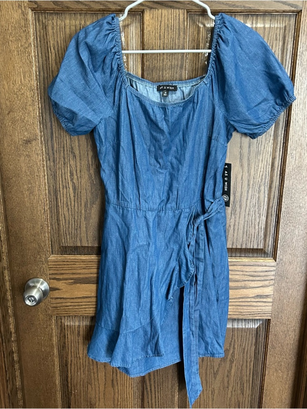 As U Wish Blue Denim Puff-Sleeve Wrap Mini Dress